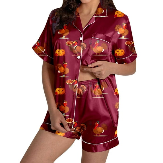 Ladies' Thanksgiving Turkey Print Pajama Shorts Set 2024