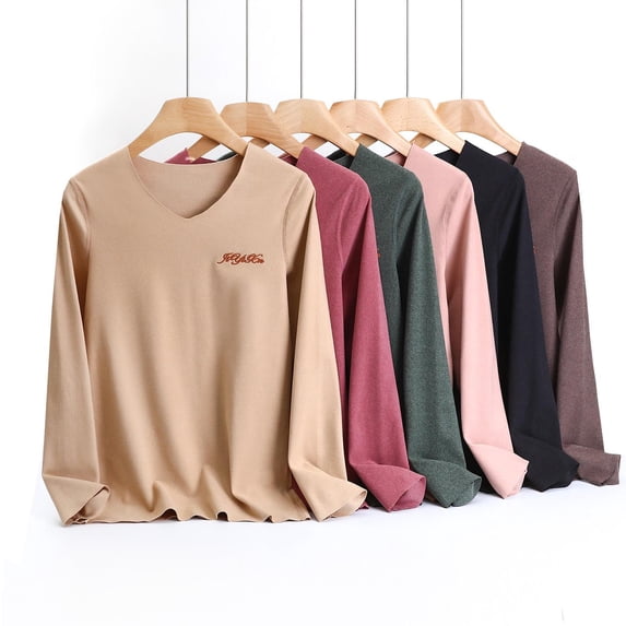 Ladies Thermal Fleece V Neck Long Sleeve Undershirt Top Tee Base Layer Warm Thickened Winter Loungewear Casual Comfort | CSEONE,Purple L