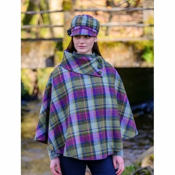 Three Button Poncho, Newsboy Combo - Green, Purple Plaid