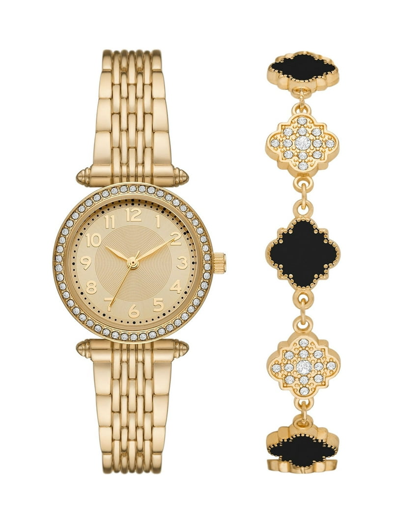 Time and Tru Elegant Gold Tone Analog Wristwatch and Crystal Bezel
