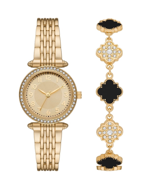 Ladies' Analog Wristwatch and Bracelet Set, Gold Tone Round Case, Clear Stone Bezel Watch and Bracelet Set, 2 Piece Set, (FMDXTT040)
