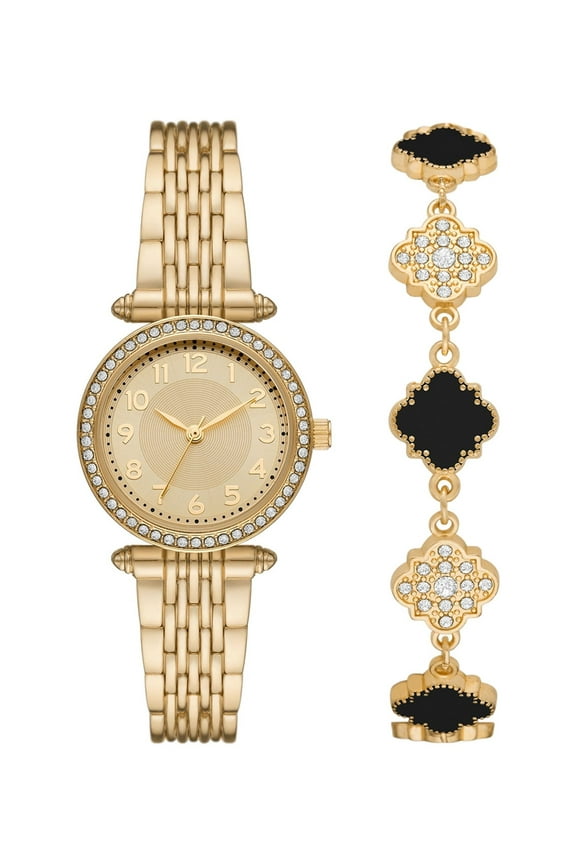 Ladies' Analog Wristwatch and Bracelet Set, Gold Tone Round Case, Clear Stone Bezel Watch and Bracelet Set, 2 Piece Set, (FMDXTT040)