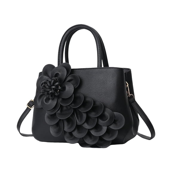 Ladies Top Handle Satchel 3D Flower Women's Elegant Handbags Lightweight Pu Leather Crossbody Bags Tote Purse Black
