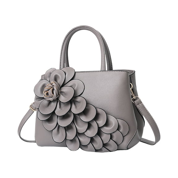 Ladies Top Handle Satchel 3D Flower Women's Elegant Handbags Lightweight Pu Leather Crossbody Bags Tote Purse Gray
