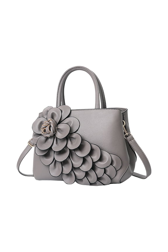 Ladies Top Handle Satchel 3D Flower Women's Elegant Handbags Lightweight Pu Leather Crossbody Bags Tote Purse Gray