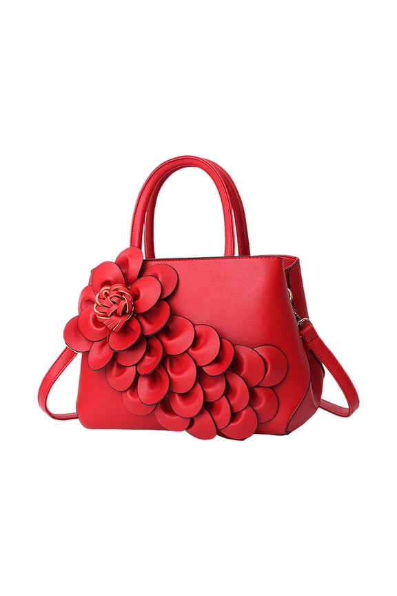 Ladies Top Handle Satchel 3D Flower Women's Elegant Handbags Lightweight Pu Leather Crossbody Bags Tote Purse Red