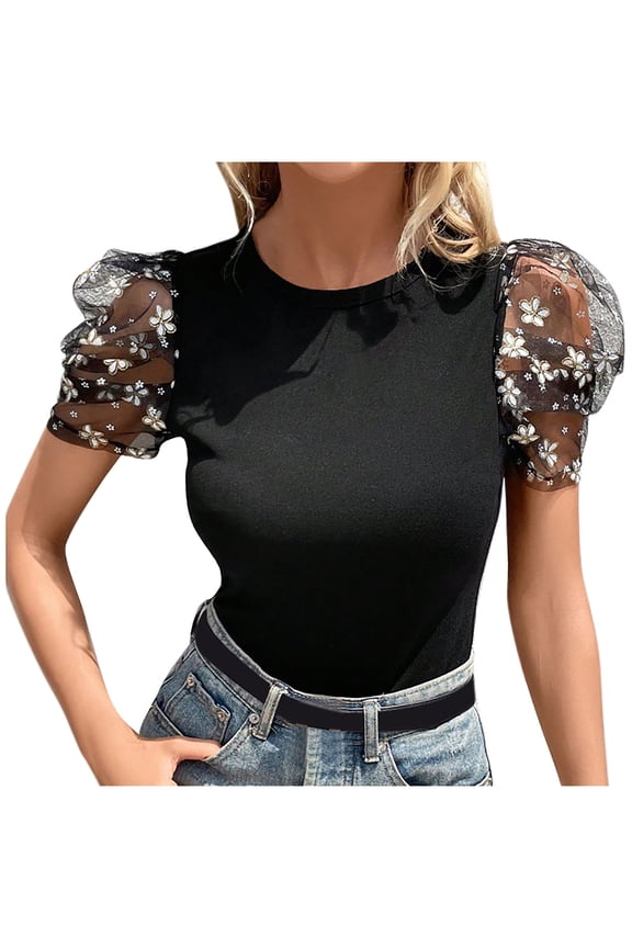 Ladies Top Short Sleeve Blouses for Women Crew Neck Lace Spandex Floral Graphic Mesh Fall Summer Shirts 2026 Clothes Country Concert