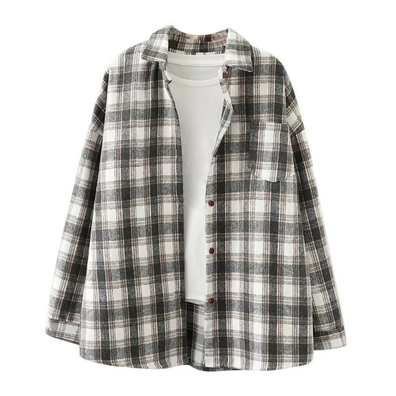 Ladies Top Single Breasted Lapel Loose Long Sleeve Vintage Shirt Jacket Women's Long Sleeve Single-breasted Lapel Cardigan Shirt Fashion Button Lattice Coat Reduced Price and Clearance Sale