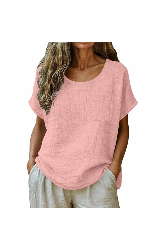 Ladies Tops 2026 Baggy Boho Tops for Women Casual Summer Holiday Top Plus Size Cotton Linen Blouses Clothing Womens T Shirts for Women Cosy Soft Oversized Short Sleeve Women's Fashion Shirt