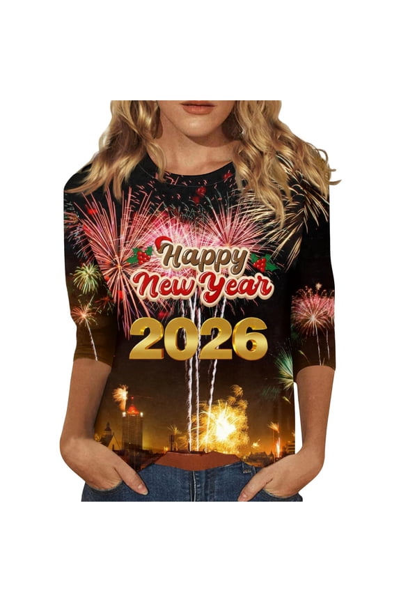 Ladies Tops And Blouses 2026 T Shirt Casual 3/4 Sleeve Graphic Tees New Years Countdown Tops Womens Tops