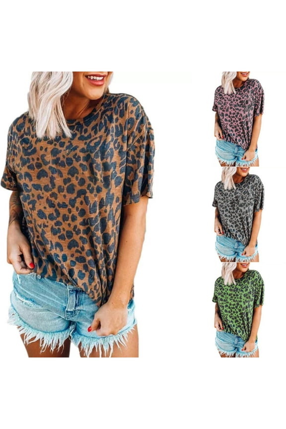 Ladies Tops And Blouses 3D Digital Print Crewneck Personality Fashion Leopard Print Graphic Tees Coffee Workout Casual Blouse XL