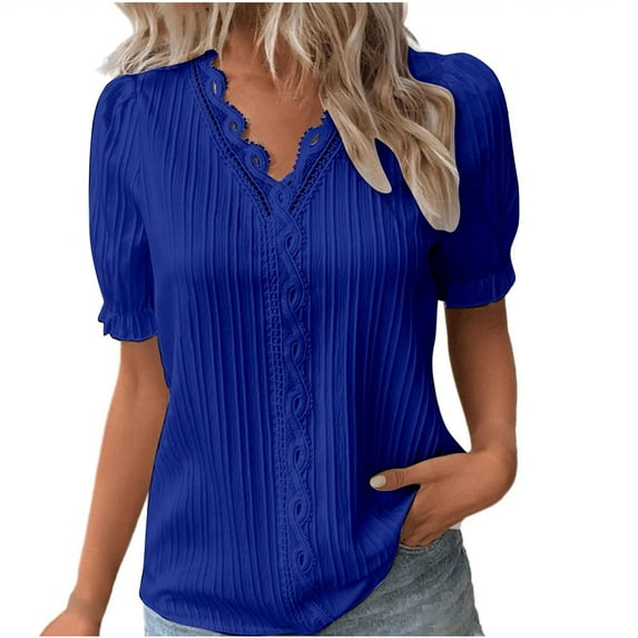 Ladies Tops And Blouses Evening for Women Elegant Short Sleeves Plus Size Puff Sleeve Shirt Hollow V Neck Tunic Women'S Clothing