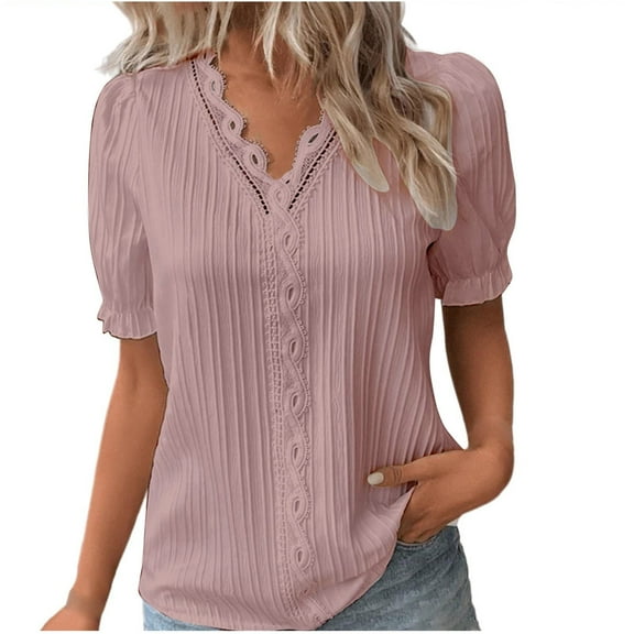 Ladies Tops And Blouses Evening for Women Elegant Short Sleeves Plus Size Puff Sleeve Shirt Hollow V Neck Tunic Womens Tops
