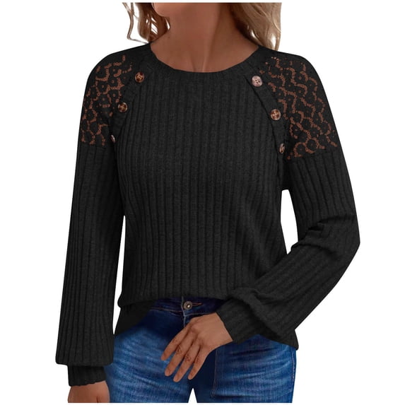 Ladies Tops And Blouses Lace Trim Round Neck Long Sleeve Solid Color Pullover Button Plus Size Up To 65% Off! Black S-2XL