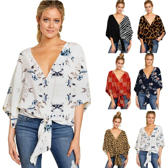 Ladies Tops And Blouses Loose Fit Batwing V Neck Tie Front Short Sleeve Floral Plus Size Shirts Red Summer Cute Blouse XXL