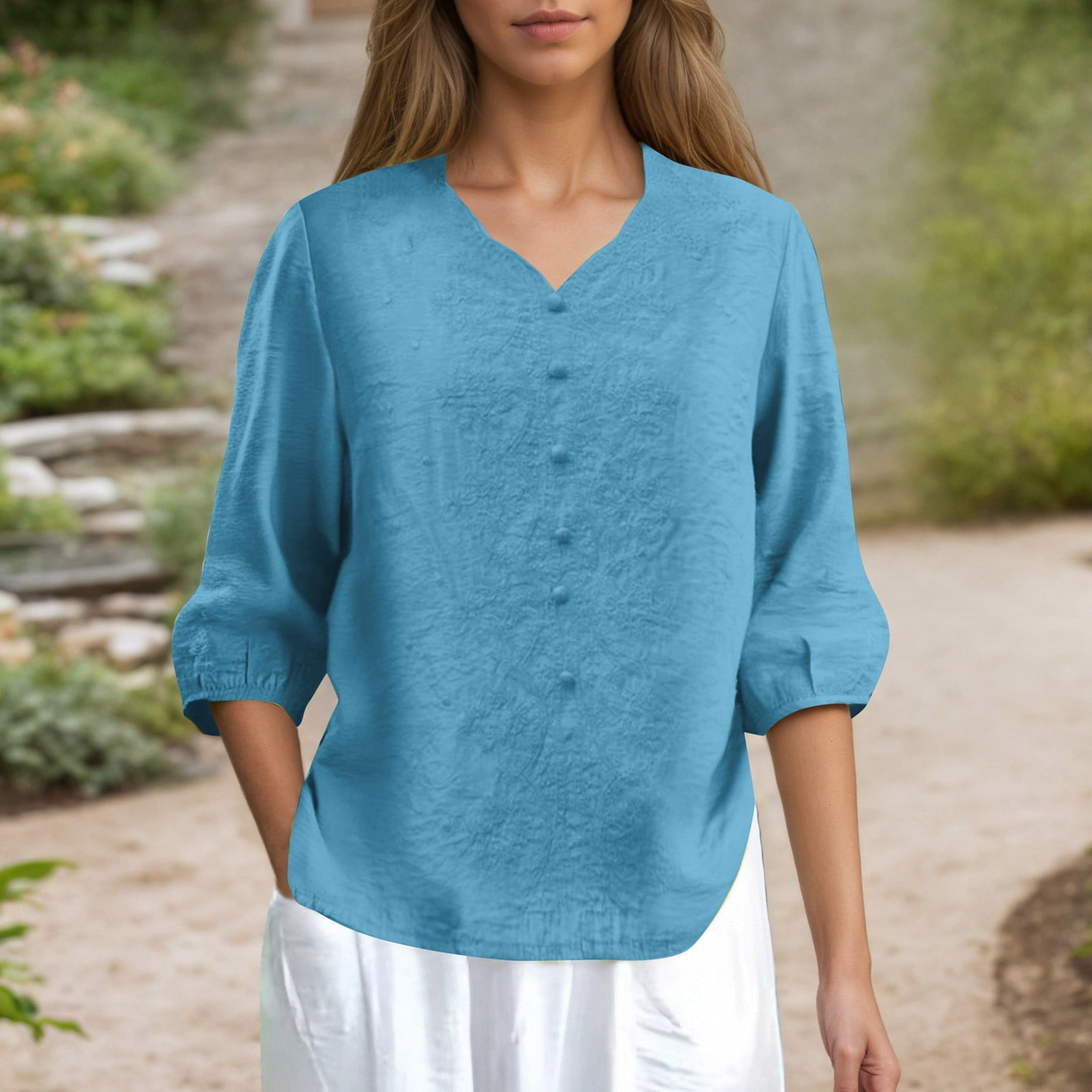 Collar Sky Stand Oversized Linen Blue Summer Tops main image 1