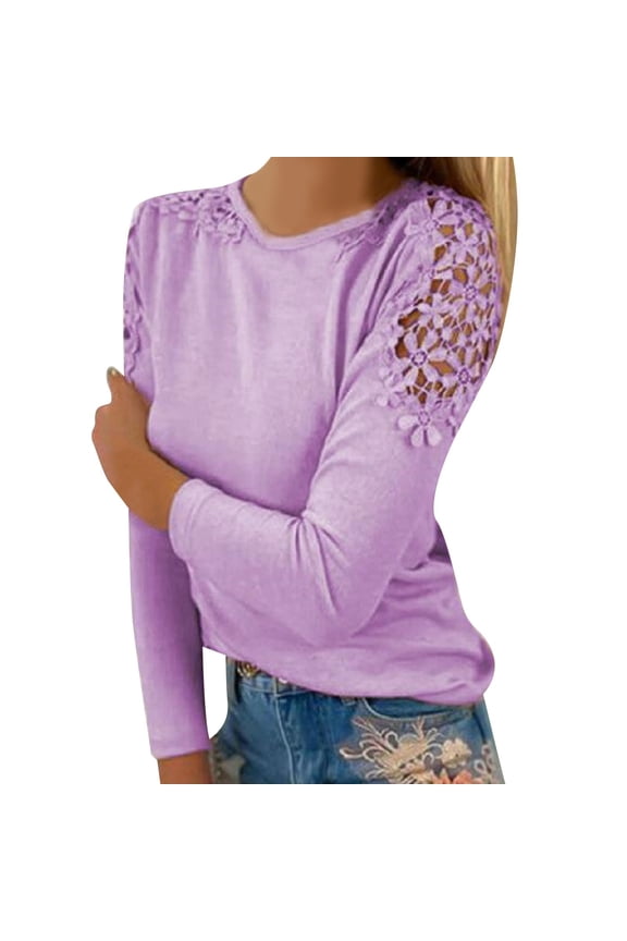 Ladies Tops And Blouses Round Neck Solid Color Hollow Stitching Long Sleeved T Shirt Womens Tops