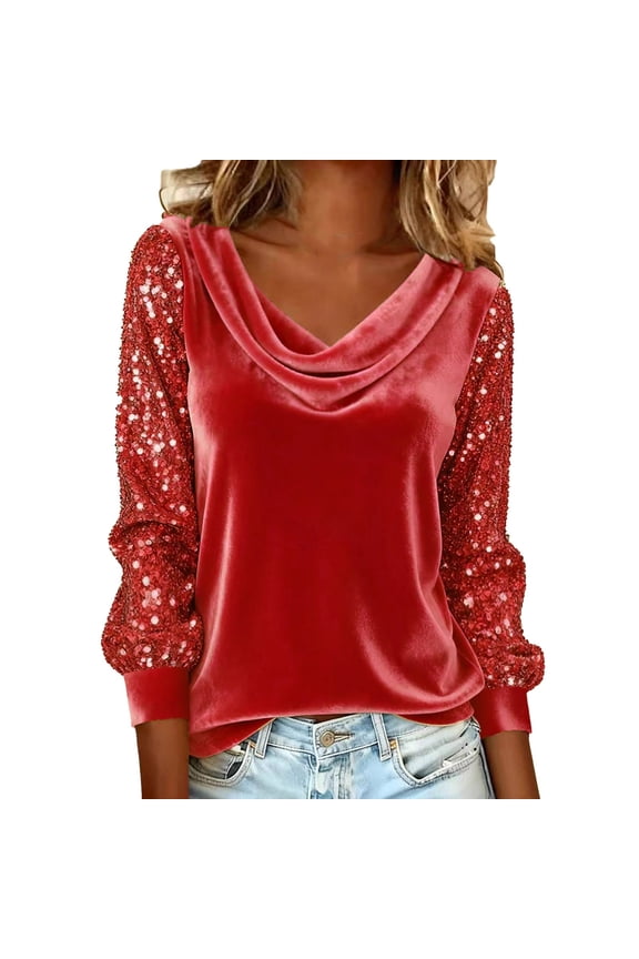 Ladies Tops And Blouses Sequin Long Sleeve Glitter Sparkly Velvet for Evening Fashion Clothing