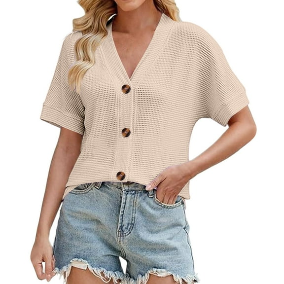 Ladies Tops And Blouses Solid Color Button Loose V Neck Short Sleeved Cardigan Top Fashion Clothing
