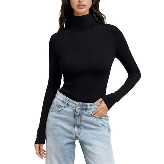 Ladies Tops And Blouses Solid Color High Neck Regular Long Sleeve Crewneck T Shirt Womens Clothes