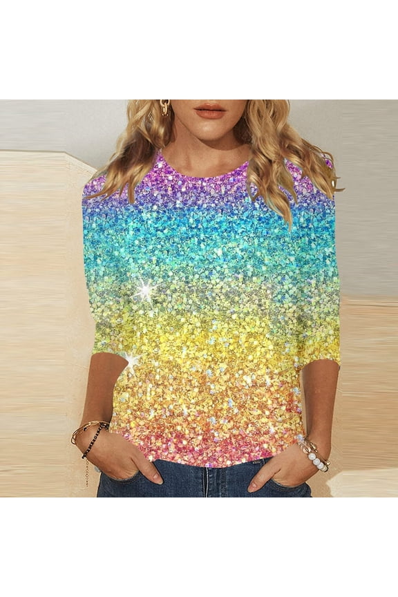 Ladies Tops And Blouses Sparkling Sequin Printed Rainbow Gradient 3/4 Sleerainbowe Carnirainbowal Festirainbowal Top Multicolour Summer Y2K Blouse L
