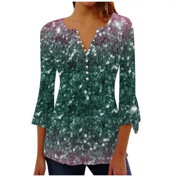 Ladies Tops And Blouses Spring And Summer Seven Minutes Of Bell Sleeve V Neck Pressed Pleated Solid Color Button T Shirt Fashion Clothing