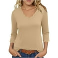 thumbnail image 1 of Ladies Tops And Blouses Summer Solid Color Quarter Sleeve Temperament V-Neck Pullover Plus Size Up To 65% Off! Khaki S-3XL, 1 of 5
