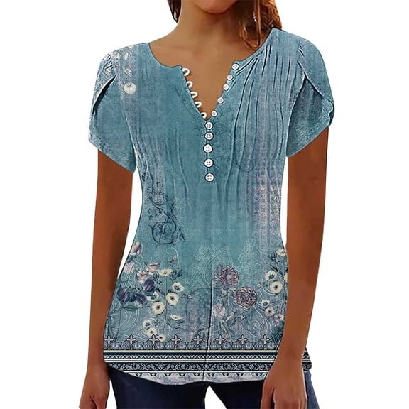 Ladies Tops And Blouses Summer for Women 2025 Trendy Boho Floral Print Tunic Shirts Short Sleeve V Neck Tshirt Casual Loose Fashion Clothing