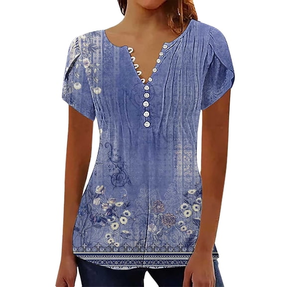 Ladies Tops And Blouses Summer for Women 2025 Trendy Boho Floral Print Tunic Shirts Short Sleeve V Neck Tshirt Casual Loose Womens Clothes