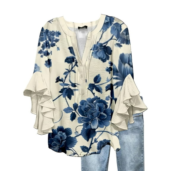 Ladies Tops And Blouses Womens 3/4 Length Sleeves Sleeve Half Button Down Summer V Neck Tops Womens Tops