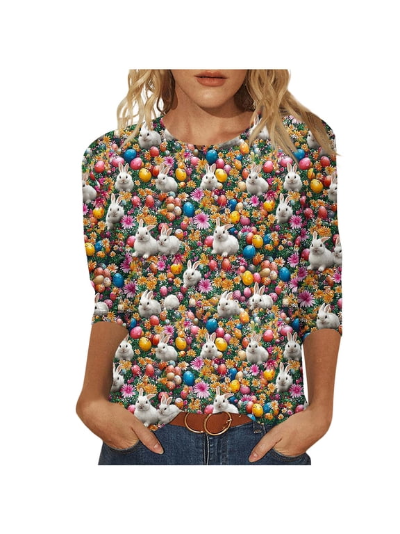 Ladies Tops and Blouses 3/4 Sleeve,Easter Shirts Women's 3/4 Sleeve Plus Size Crewneck Tunic Tops Funny Bunny Graphic Tee Shirts Spring Dressy Blouses