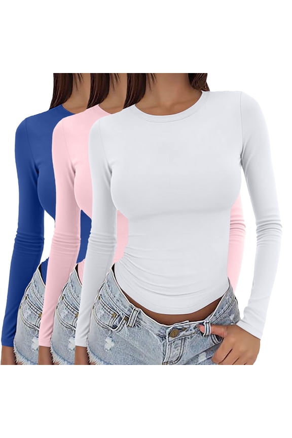 Ladies Tops and Blouses 3 Pieces Women Y2k Basic Long Sleeve Top Slim Baby Tee Round Neck Dupe Crop Layering Slim Top Blouse Aesthetic Streetwear Long Sleeve T shirt Women