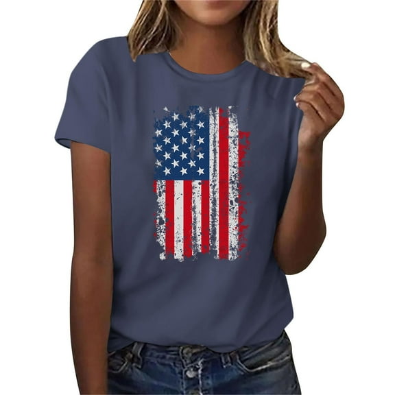 Ladies Tops and Blouses American Flag Shirts Women Graphic Tees Patriotic Shirt 4th of July Tops Crew Neck Short Sleeve Summer T-Shirt New Dark Blue L
