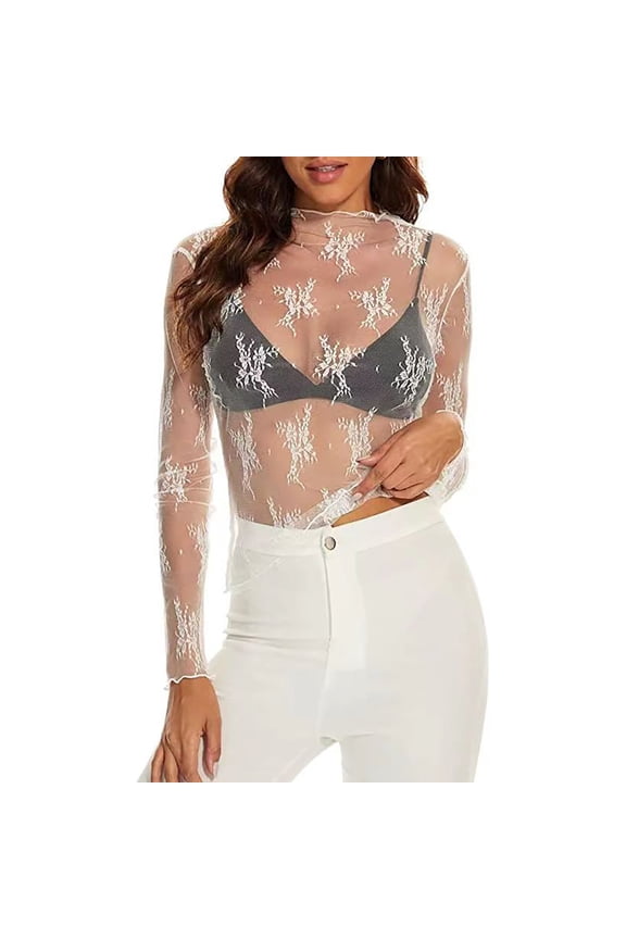 Ladies Tops and Blouses Mesh Long Sleeve Layered Top Womens Ladies Floral Embroidery Transparent Tight See Through T Shirt Inside Outside Hundred Fashion Trend Shirt Long Sleeve T shirt Women