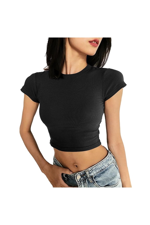 Ladies Tops and Blouses Shoulder Length Short Sleeved T Shirt Women's Slim Fit and Slimming Effect Paired with A Base High Waisted Sexy Short Exposed Navel Top
