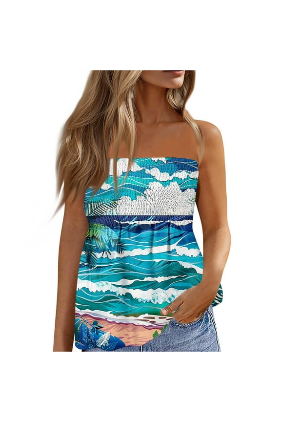 Ladies Tops And Blouses, Summer Tube Tops Cute Sexy Off Shoulder Floral Sleeveless Elastic Tunic Smocked Tops Corset For Women 1 Cotton Sweatshirt Long Sleeve Top Tunic Camisole (S, Sky Blue) ZMTing