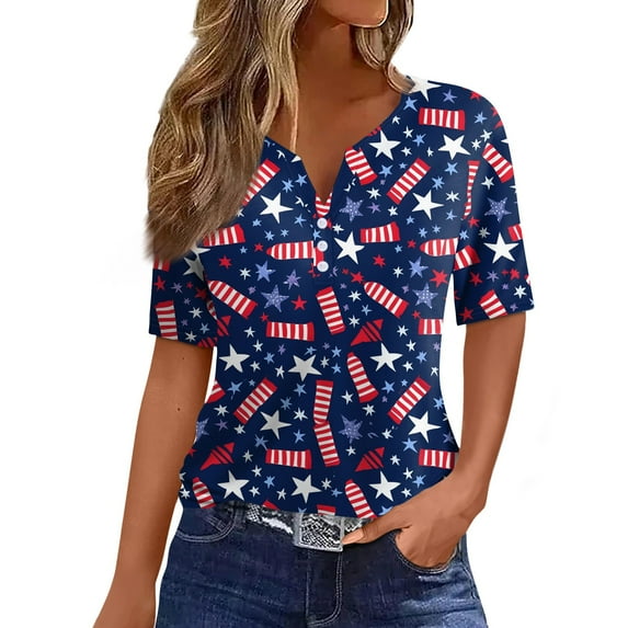 Ladies Tops And Blouses, Women'S 4Th Of July Print T Shirt Button V Neck Short Sleeve Daily Weekend Basic Top Long Tee Shirts Valentines For Women Tops Animal Shacket Tank (M, Dark Blue) ZMTing