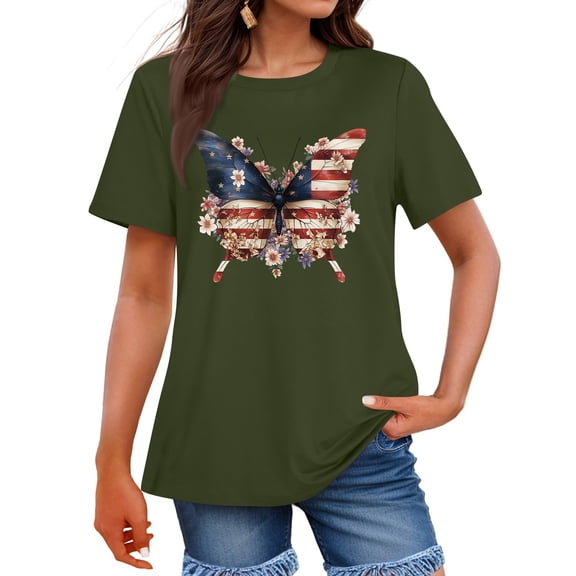 Ladies Tops And Blouses, Women'S Casual 4Th Of July Printed Round Neck Short Sleeved Casual T-Shirt Top Womens Summer Winter Tops Corset For Women Placed Work Tops Casual (S, Army Green) ZMTing