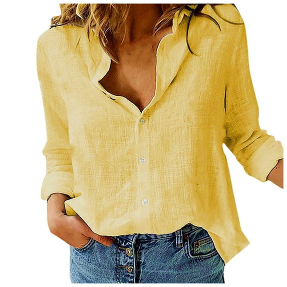 Ladies Tops And Blouses, Women'S Loose Casual Solid Lapel V Neck Long Sleeve Button Down Linen Shirt Lightweight Tops Shapewear Tank For Women T Shirt 3/4 Tops Tank Tops (S, Yellow) ZMTing