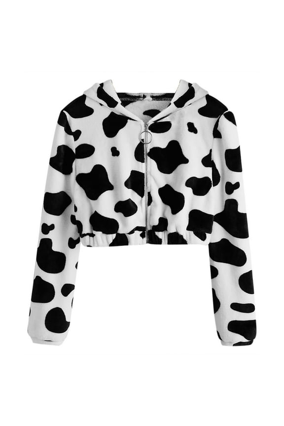Ladies Tops,Womens Cow Print Pullover Long Sleeve Hooded Sweatshirts Cute Blouse
