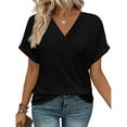 thumbnail image 1 of Ladies Tops Plus Size Crop Top Bat Wing Sleeve Shirt V Neck Work Blouses (Black L), 1 of 8