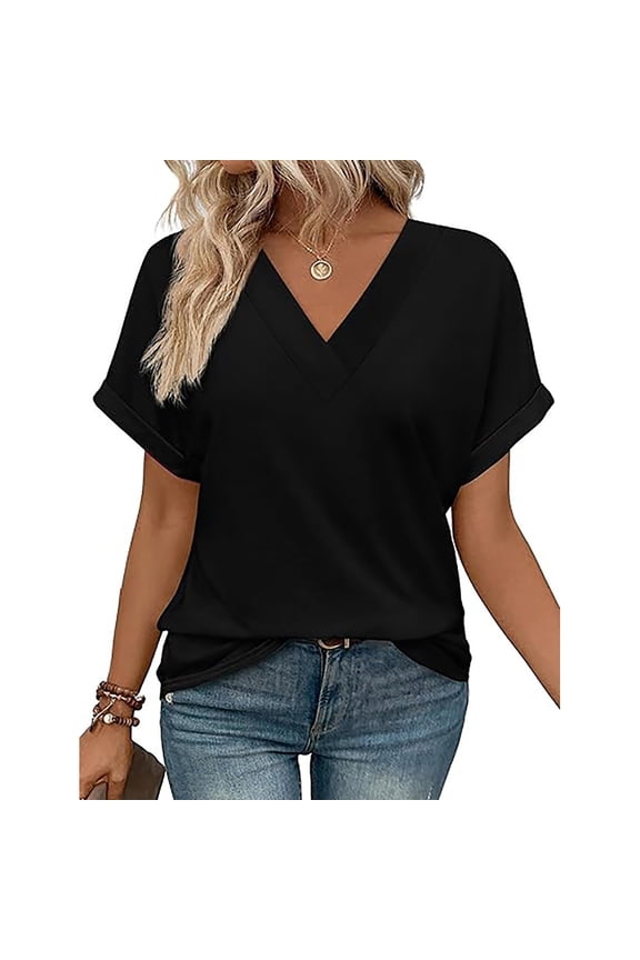 Ladies Tops Plus Size Crop Top Bat Wing Sleeve Shirt V Neck Work Blouses (Black L)