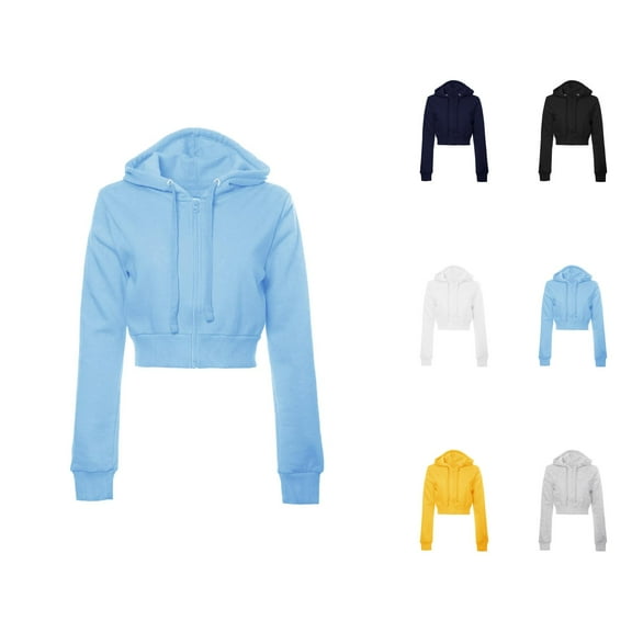 Ladies Tops Women's Solid Color Sweatshirt Women's Solid Casual Basic Long Sleeve Zip Up Crop Hoodie Jacket