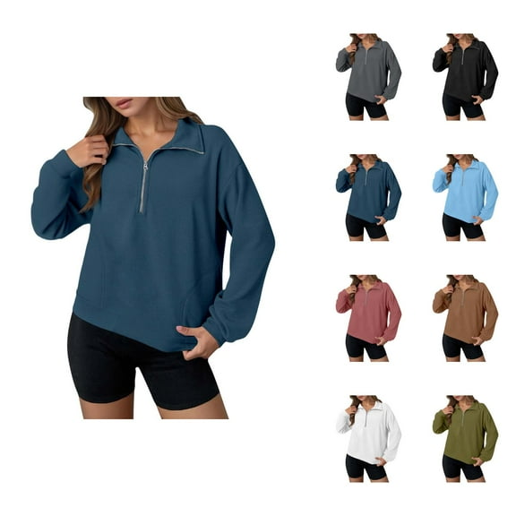 Ladies Tops Women's Solid Color Sweatshirt Women's Zip Up Sweatshirt Casual Long Sleeve Pullover Tops Stand Collar Loose Fit Basic Solid Color Outerwear For Daily Wear Fall Fashion