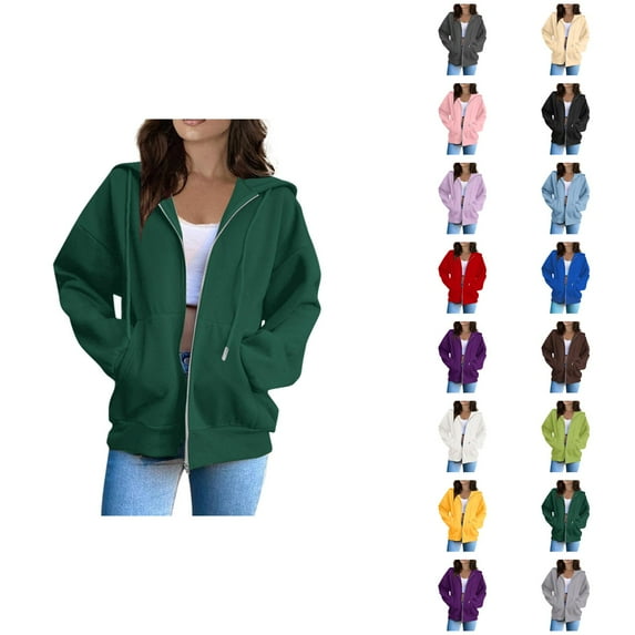 Ladies Tops Women's Solid Sweatshirt Women Fashion Solid Loose Hooded Zipper Hoodie Long Sleeve Jacket