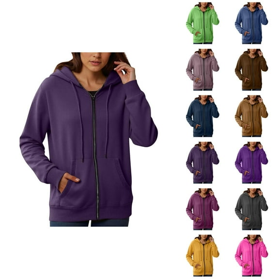 Ladies Tops Women's Solid Sweatshirt Women's Fashionable Casual Pocket Zipper Long Sleeved Hooded Solid Color Sweatshirt