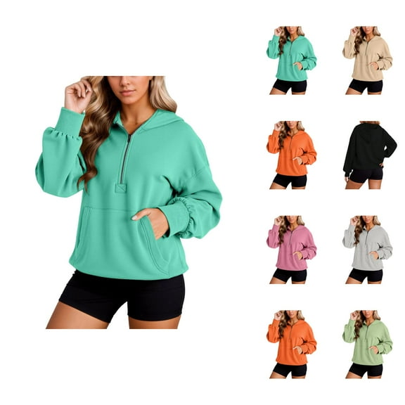 Ladies Tops Women's Solid Sweatshirt Women's Zip Up Hoodie Fall Fashion Loose Fit Long Sleeve Pullover Casual Streetwear Comfortable Sweatshirt With Pocket And Drawstring For Daily Wear
