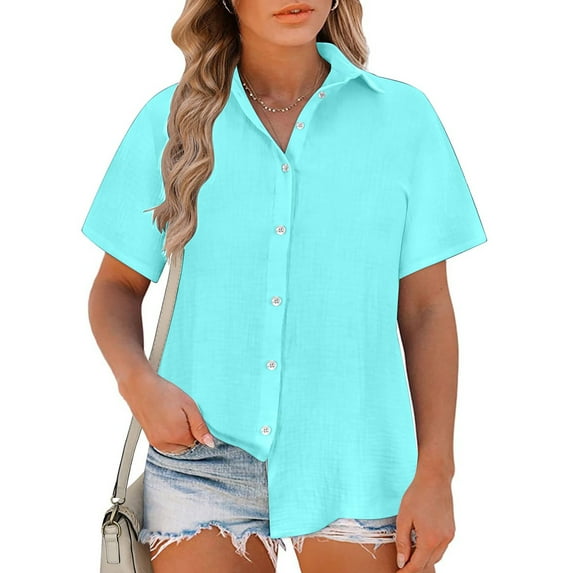 Ladies Tops Women's Tops Fashion Solid Button Shirt Female V-Neck Loose T-shirt Blouse Women'S T-Shirts