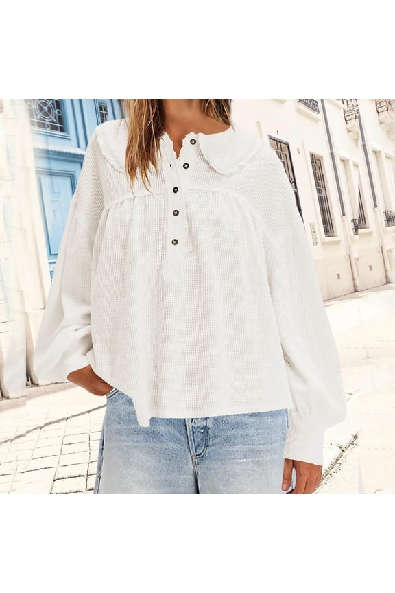 Ladies Tops Womens Tunic Tops Womens Fashion Ndbuld Women Solid Knit Tops Long Sleeve Shirts Oversized V Neck Doll Collar Pullover Casual Tops Great Gifts for Less White S