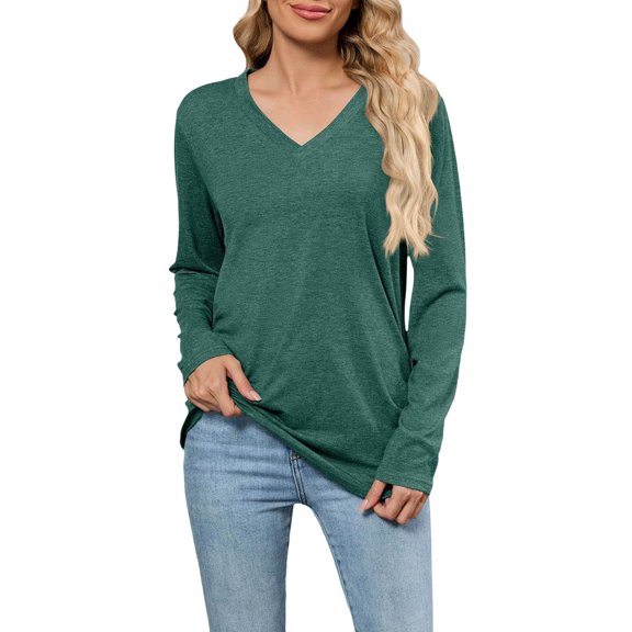 Ladies Tops, Yigetop Women's V Neck Solid Color Casual Side Elastic Loose Long Sleeve T Shirt Top Women's Long Sleeve T Shirt Womens Long Sleeve T Shirts Blackish Green M